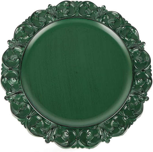 Gifturbo 6 Pcs Green Charger Plates, 13 Inch Round Chargers for Dinner Plates with Vintage Embossed Rim, Antique Plastic Plate Chargers for Christmas Party, Table Setting, Wedding