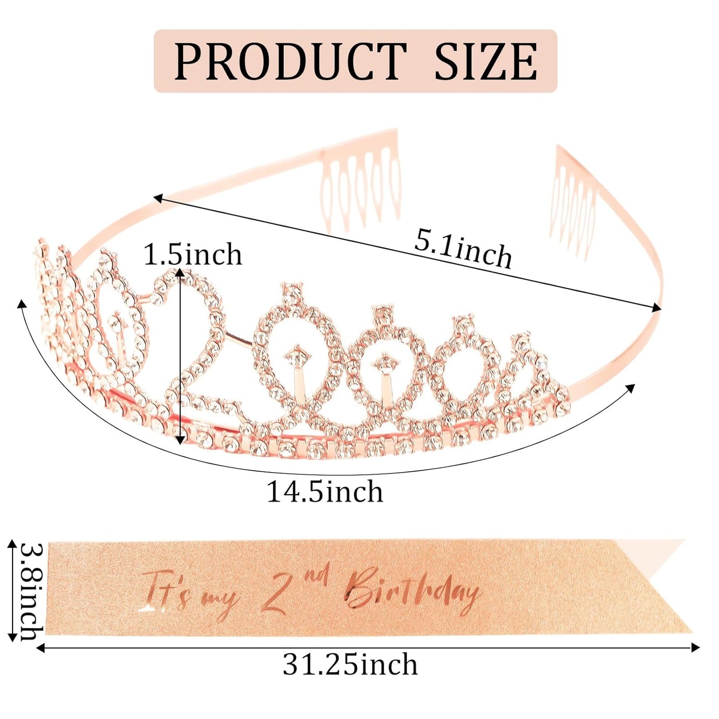 CIEHER 2nd Birthday Crown and Sash, It's My 2 Bday Sash, 2nd Birthday Decorations Rose Gold
