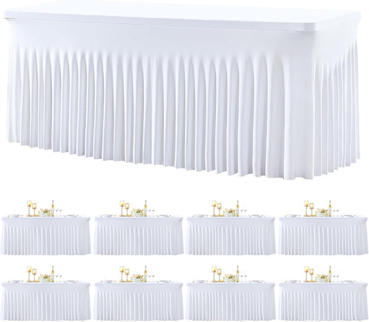 Besutolife 8 Pack White Spandex Tablecloth for 6ft Rectangle Tables Fitted Table Cloth Stretch Table Covers Skirt 6ft Rectangular Tablecloths for Banquet Parties Wedding Decorations