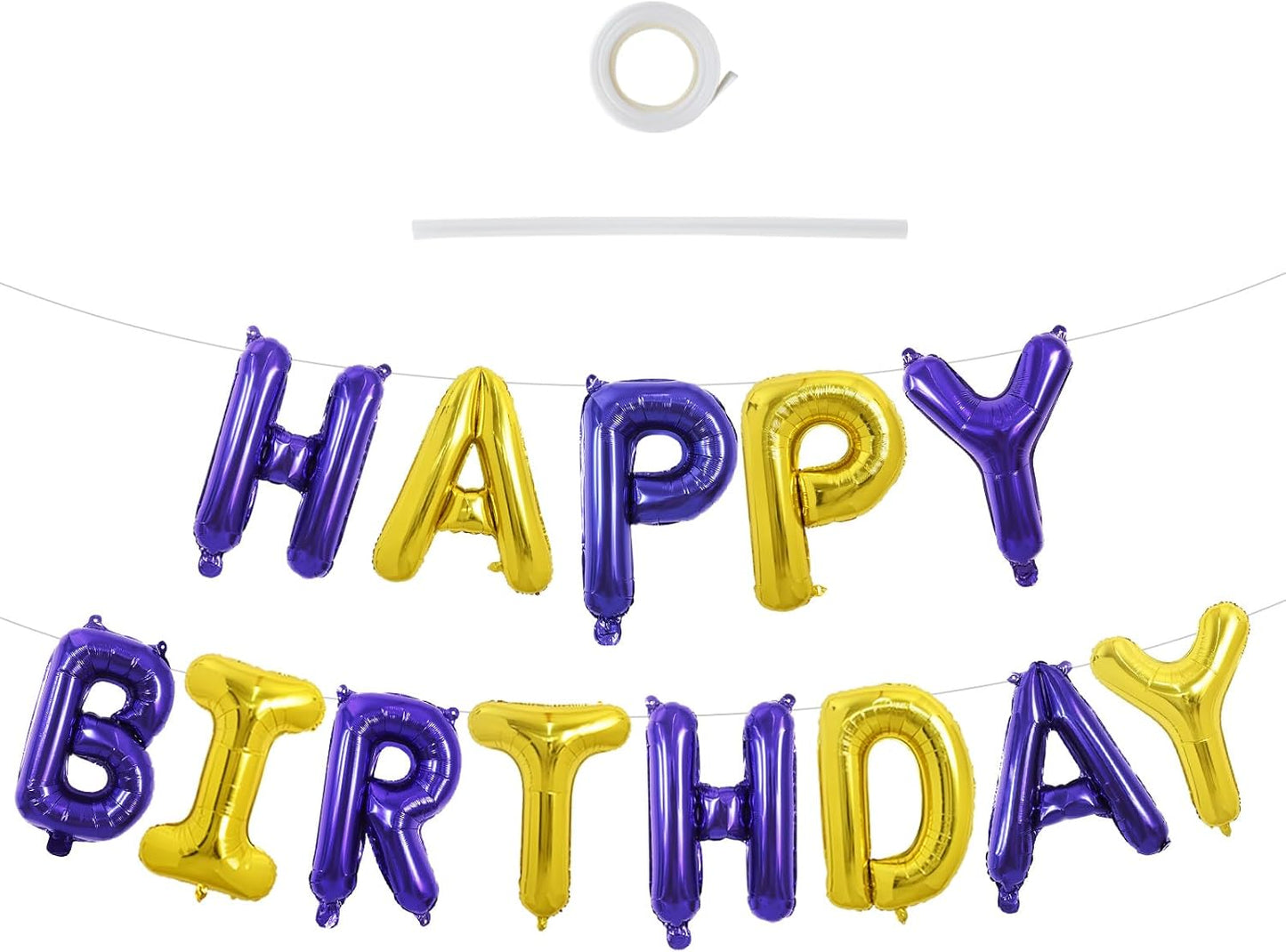 TONIFUL Happy Birthday Balloons with Ribbon Straw, 16 Inch Mylar Letters Birthday Sign Banner Bunting Reusable for Girls Boys Kids & Adults Party Decorations Supplies（Purple Gold）