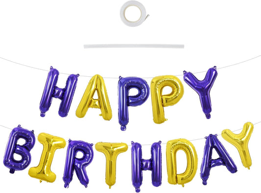 TONIFUL Happy Birthday Balloons with Ribbon Straw, 16 Inch Mylar Letters Birthday Sign Banner Bunting Reusable for Girls Boys Kids & Adults Party Decorations Supplies（Purple Gold）