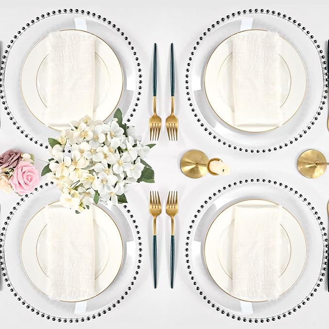 24 PCS Clear Round Charger Plates with Beaded Rim, 13 Inch Plastic Acrylic Plate, Plastic Round Beaded Dinner Decorative Service Plates for Wedding Party Event, Home Kitchen Tabletop(Black)