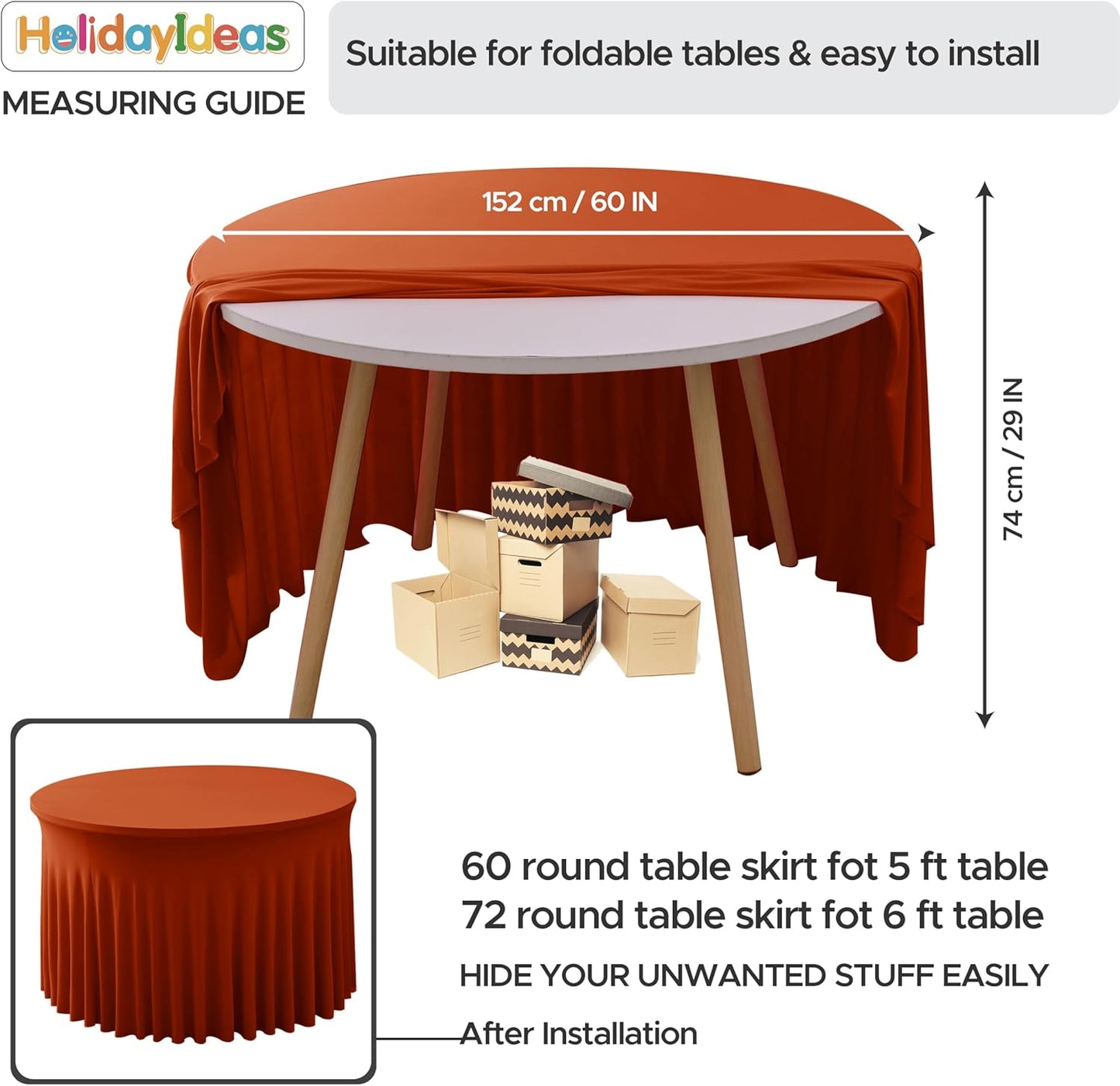 HolidayIdeas 6 Pack Spandex Table Skirts for 60 Inch Round Table, Fitted Stretch Ruffle Cover for Wedding Receptions, Holiday Parties, Rust