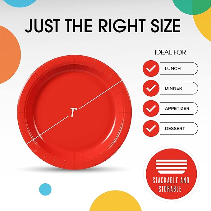 Exquisite Party Solids Red Paper Plates Disposable Heavy Duty 7 Inch Red Disposable Plates For Party 100 Pcs Heavy Duty 350 GSM, Birthday Supplies