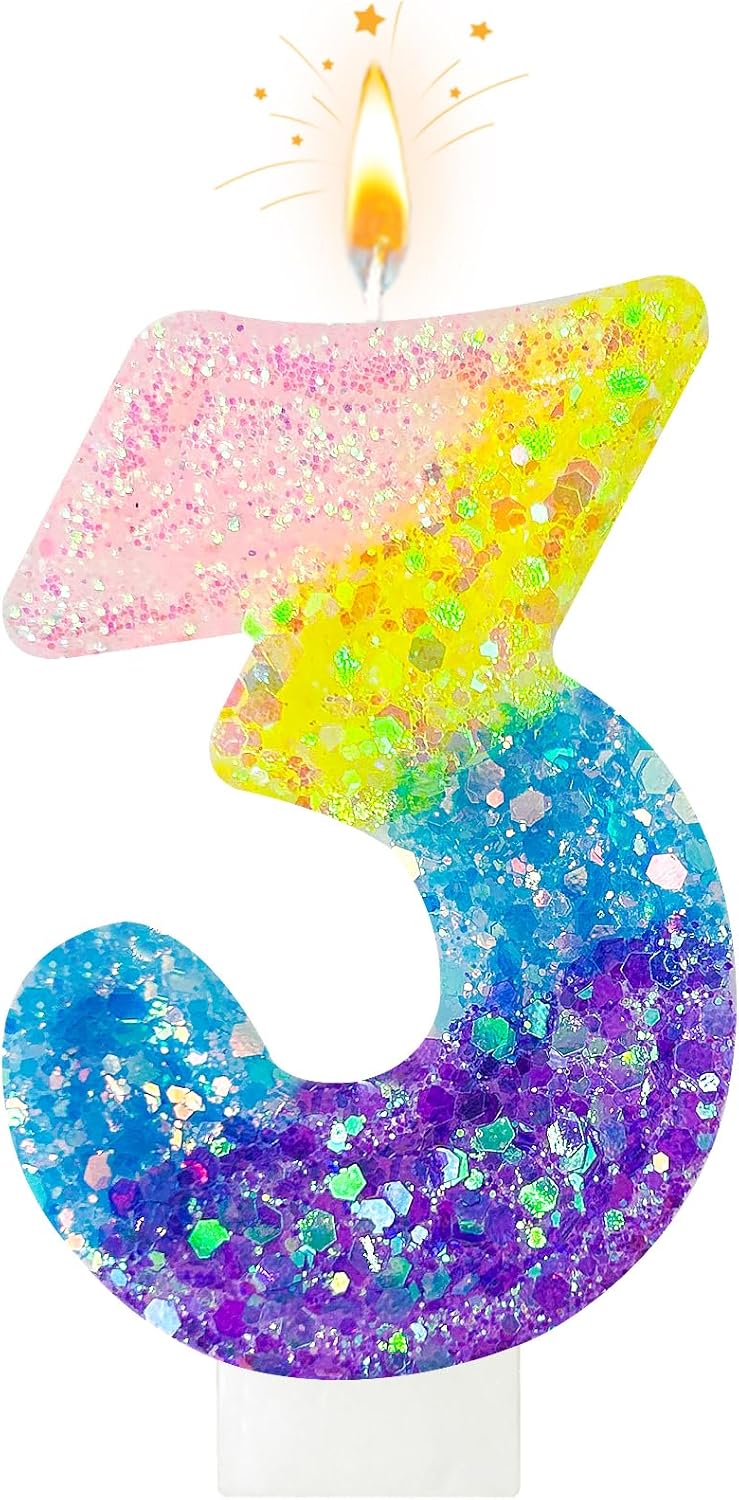 Birthday Candles Pastel Macaron Glitter 3D Rainbow Number Candles for Birthday Cake Girls Women Sweet Theme Birthday Wedding Anniversary Party Cake Decoration (Number 3)
