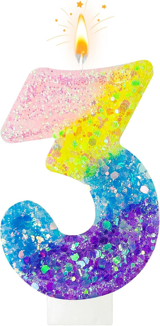 Birthday Candles Pastel Macaron Glitter 3D Rainbow Number Candles for Birthday Cake Girls Women Sweet Theme Birthday Wedding Anniversary Party Cake Decoration (Number 3)