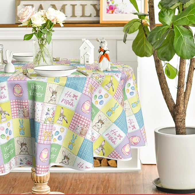 Horaldaily Easter Tablecloth 60×60 Inch Round, Plaid Bunny Rabbits Easter Egg Anemone Bowknot Colorful Washable Seasonal Table Cover for Party Picnic Dinner Decor
