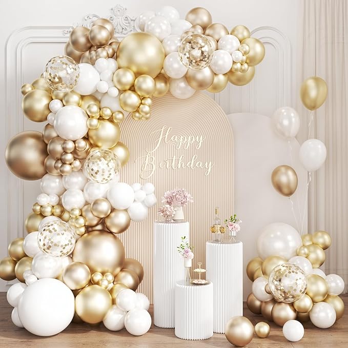 White and Gold Balloon Garland Arch Kit, 167Pcs Metallic Champagne Gold Pearl White Gold Confetti Balloons for Engagement Wedding Baptism Birthday Anniversary Party Decoration