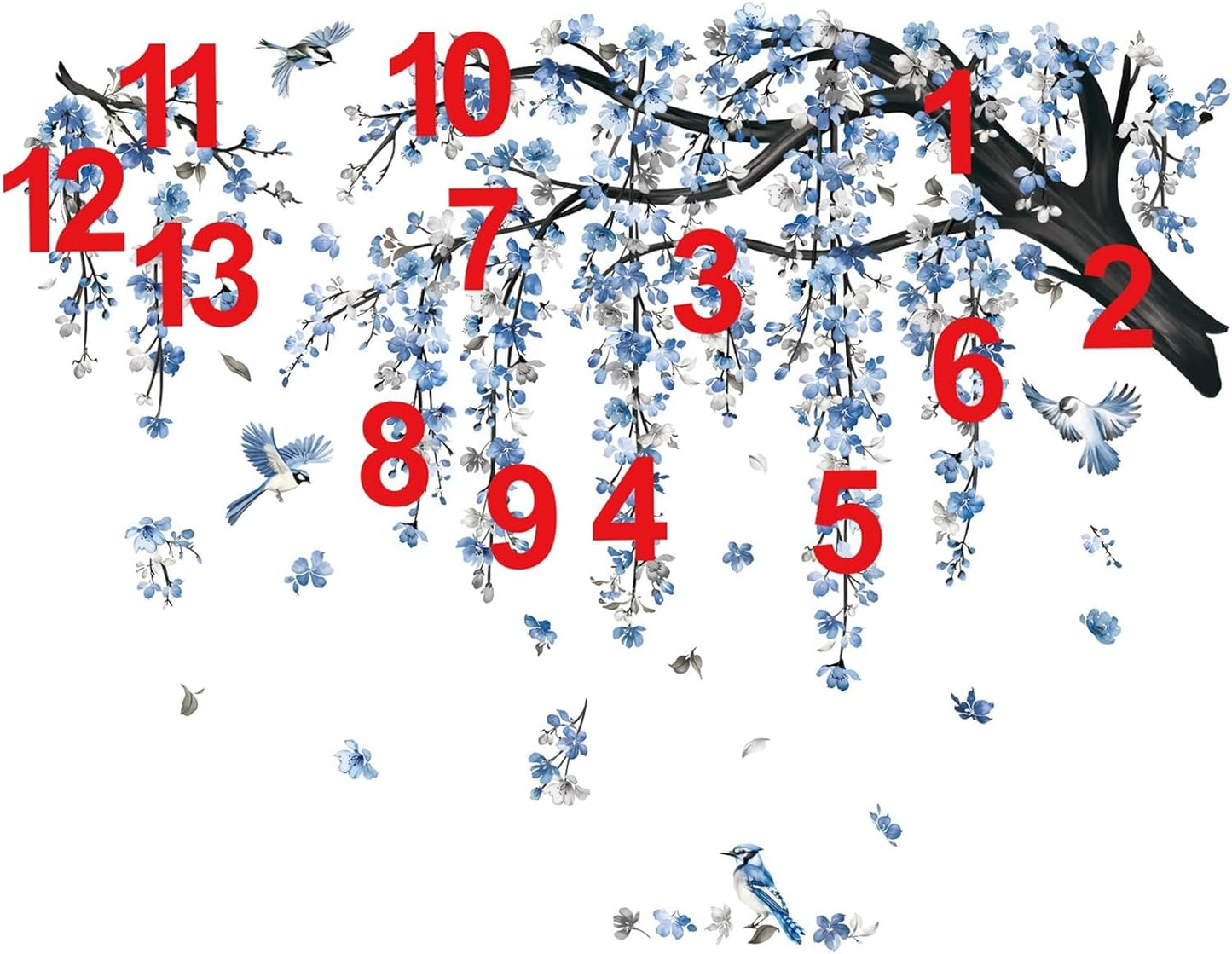 decalmile Large Blue Flower Branch Wall Decals Watercolor Cherry Blossom Tree Floral Birds Wall Stickers Living Room Bedroom TV Background Home Decor