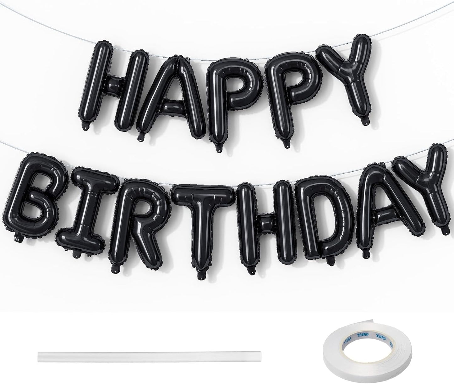 16 Inch Happy Birthday Banner Balloon - Black Letters Foil Balloons With Ribbon, Self Inflating Letter Balloon Bunting for Men Women Birthday Party Decorations Supplies