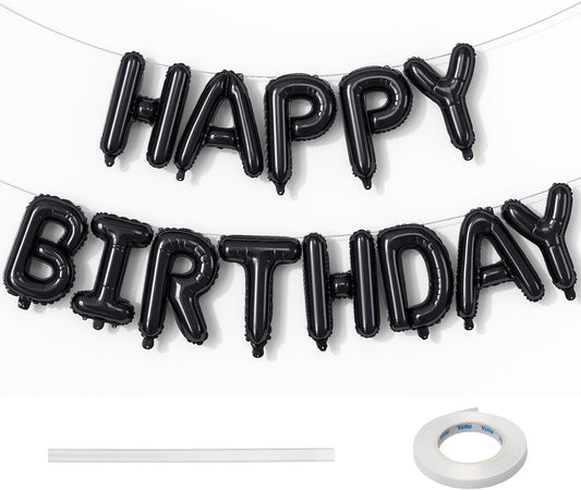 16 Inch Happy Birthday Banner Balloon - Black Letters Foil Balloons With Ribbon, Self Inflating Letter Balloon Bunting for Men Women Birthday Party Decorations Supplies
