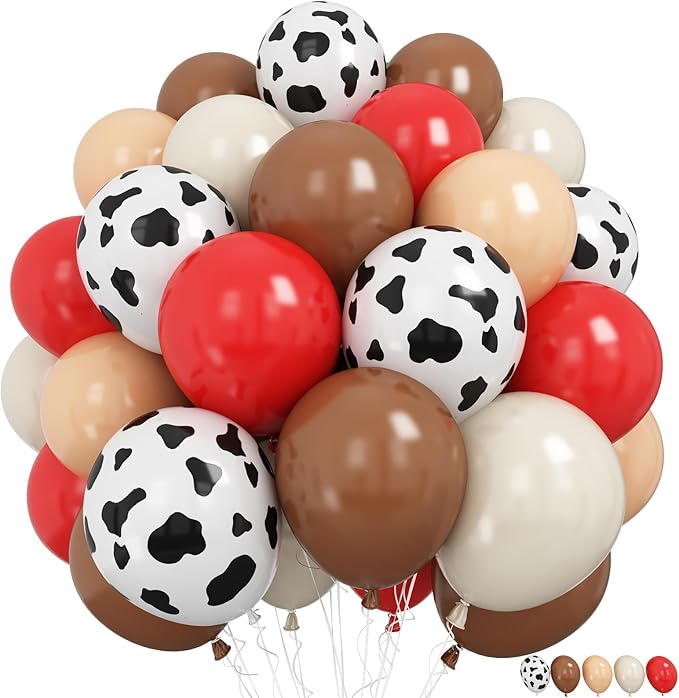 Western Cowgirl Balloons Rodeo 60 Pcs Red Dark Brown Tan Coffee Beige Nude White Party Balloon Cow Print Balloon for Boho Western Cow Farm Themed Bithday Highland Party Decor