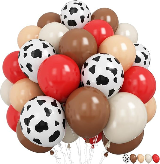 Western Cowgirl Balloons Rodeo 60 Pcs Red Dark Brown Tan Coffee Beige Nude White Party Balloon Cow Print Balloon for Boho Western Cow Farm Themed Bithday Highland Party Decor