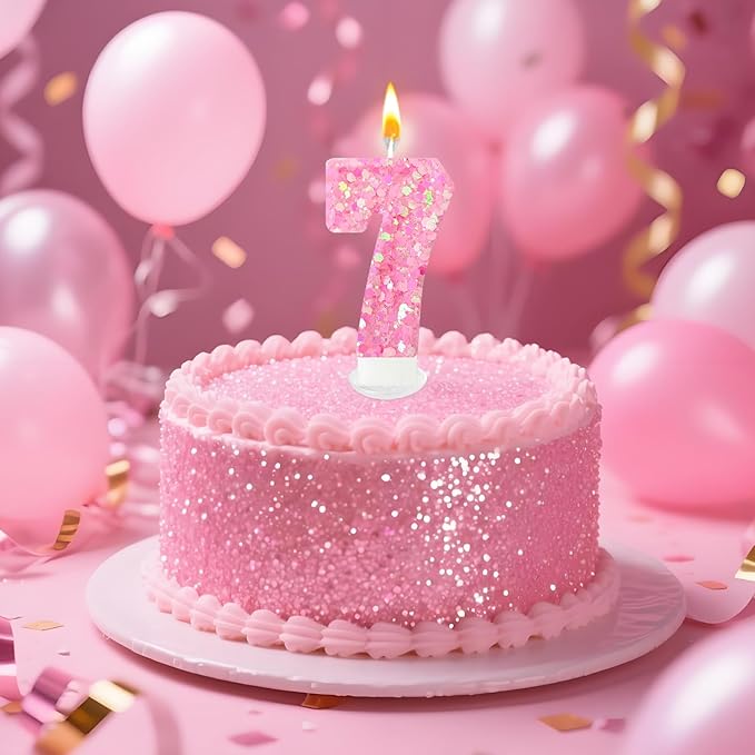 Zailo Birthday Number Candles, Glitter Number Candle Cake Decorations with Sequins, Cupcake Decorations for Girls, Women, Party Anniversary Celebrations (Number 7, Light Pink)