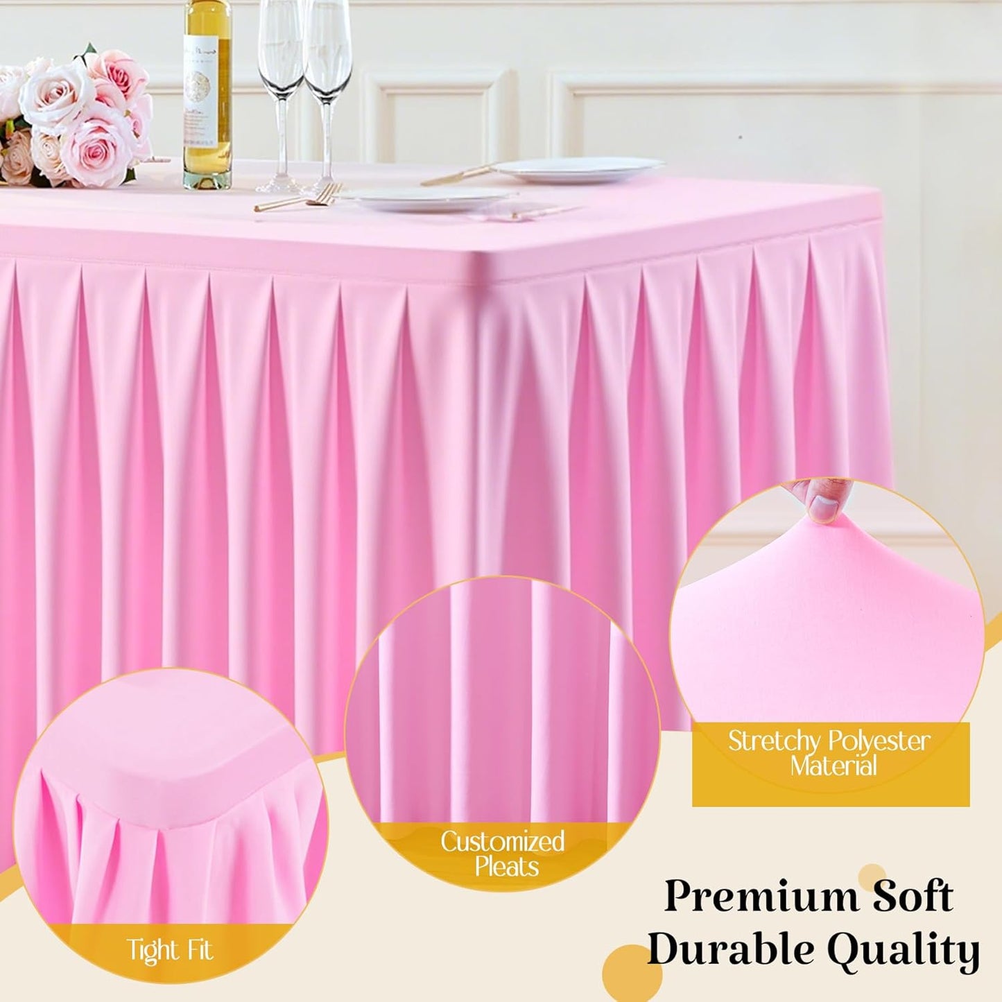 HB HBB MAGIC 4 Pack Pink Tablecloths for 6 Foot Rectangle Tables, Elegant Pleated Table Skirt – Wrinkle Free Stretch Fitted Table Cover for Weddings, Banquets, Birthday Parties & Events