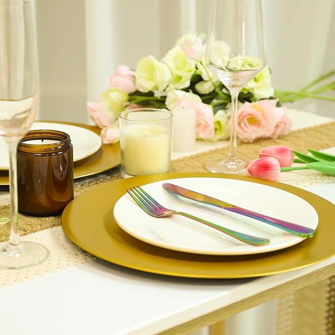 18 Pcs Golden Charger Plates Bulk,13 Inch Plastic Gold Dinner Round Tray Charger Tableware Dish for Table Setting Wedding Holidays Party Decor