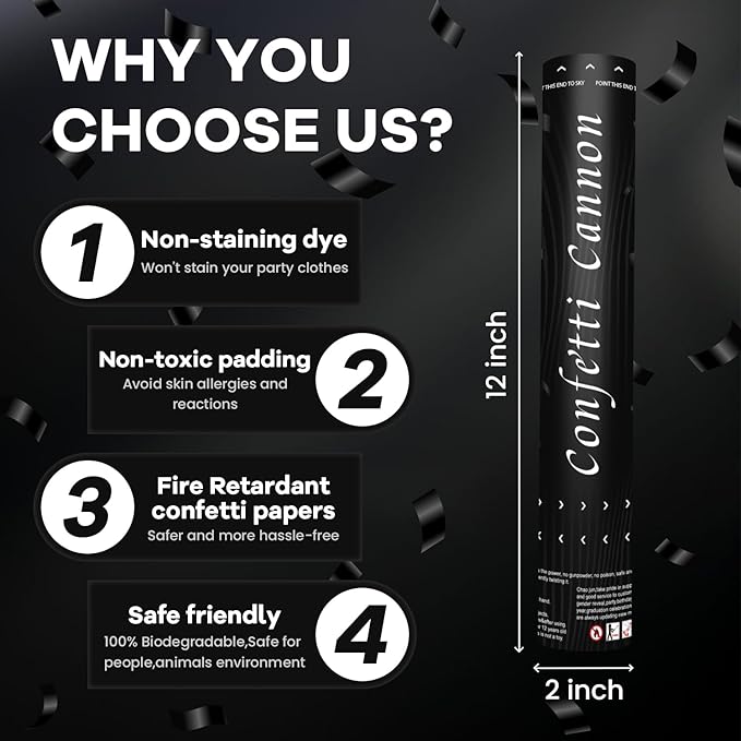 Confetti Cannon 12Pack Black Biodegradable Cannon Poopers 12Inch Black Party Poppers Confetti Cannon for Celebrate Wedding Birthday Graduation Baby Shower Christmas New Year