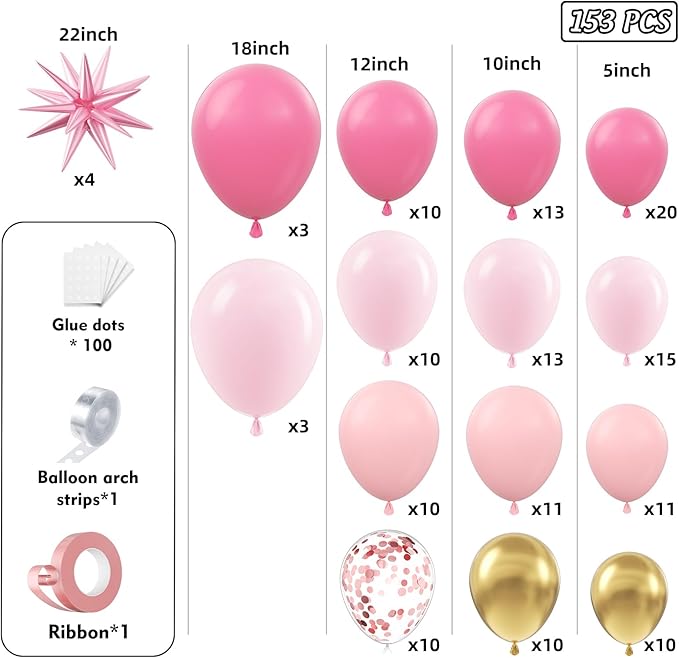 Pink Balloons Garland Arch Kit 153pcs with Star - 22 18 12 10 5in Different Size Shades of Pink and Gold Confetti Latex Balloons for Birthday Baby Shower Wedding Valentine's Party Decorations