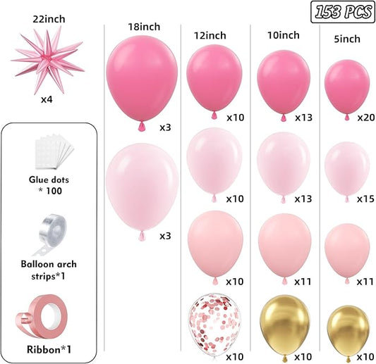 Pink Balloons Garland Arch Kit 153pcs with Star - 22 18 12 10 5in Different Size Shades of Pink and Gold Confetti Latex Balloons for Birthday Baby Shower Wedding Valentine's Party Decorations