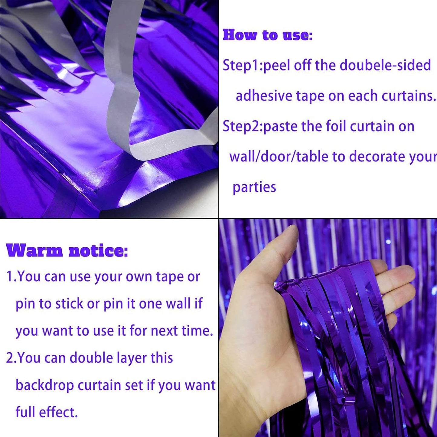 4 Pack Purple Foil Fringe Curtain Backdrop, 3.28Ft x 6.56Ft Metallic Tinsel Streamers Curtains for Party, Photo Booth Props, Birthday, 2022 Graduation Decoration Supplies