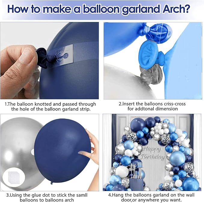 Blue White Silver Balloons Arch Kit, Navy Blue and White Balloons with Metallic Dark Light Blue Silver Conftti Balloons Garland for Graduation Birthday Party Bridal Shower Anniversary Decoration