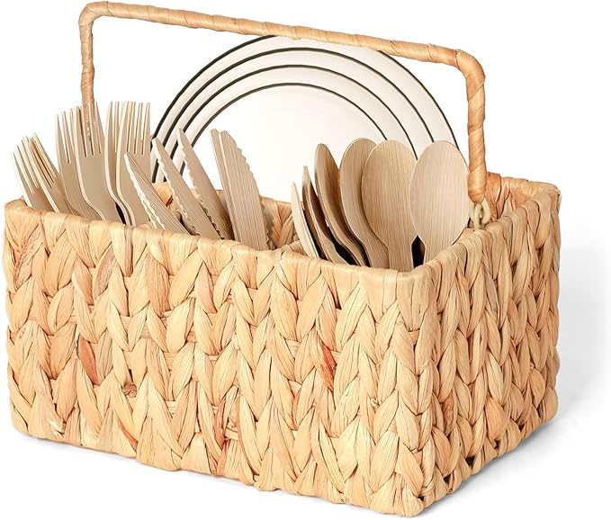 Wicker Flatware Organizer, Water Hyacinth Cutlery Holder, Outdoor Silverware Caddy, Woven Divided Utensil Caddy with Handle, Utensil Holder for Table, Kitchen (Natural Water Hyacinth)