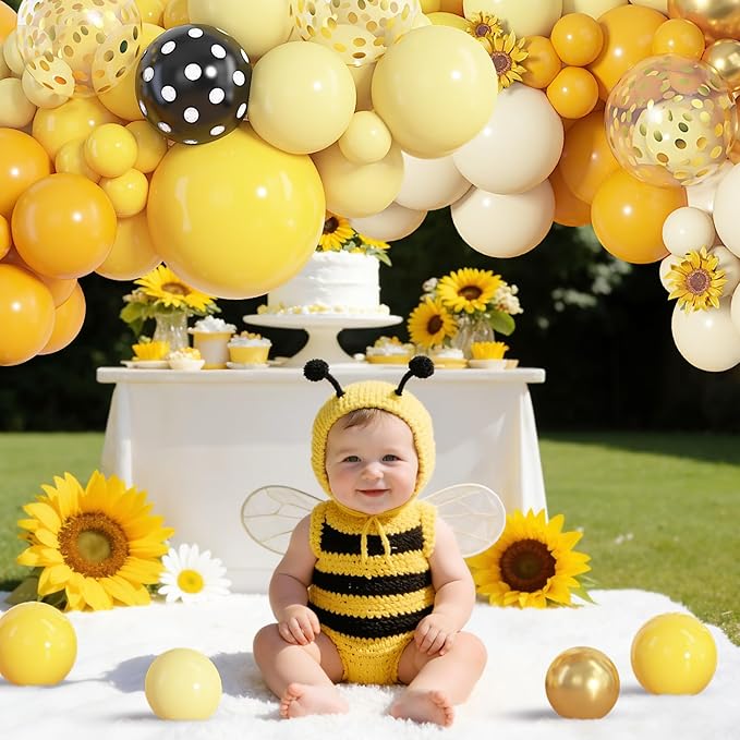 Amandir 153pcs Bee Balloon Arch Garland Kit, Different Sizes 18 12 10 5 inch Mustard Pastel Yellow Gold Confetti Balloons for What Will It Bee Gender Reveal Sunflower Honey Birthday Party Decorations