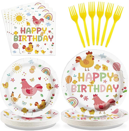 Grencian Chicken Birthday Party Decorations - 96Pcs Little Chick Birthday Plates and Napkins Farm Animal Barnyard Baby Shower Disposable Tableware for Kids Boys Girls Chicken Themed Party Decorations