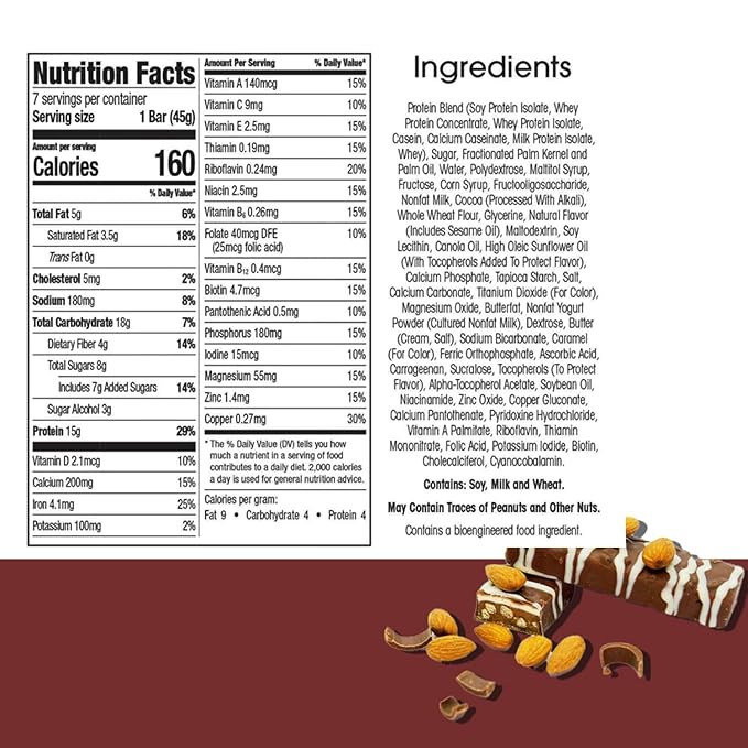 BestMed - High Protein Nutrition Bar - Low-Carb, 15g Protein, Low Sugar, High Fiber, Low Calorie, Meal Replacement Bar (Chocolate Almond, 1 Box - 7 Count)