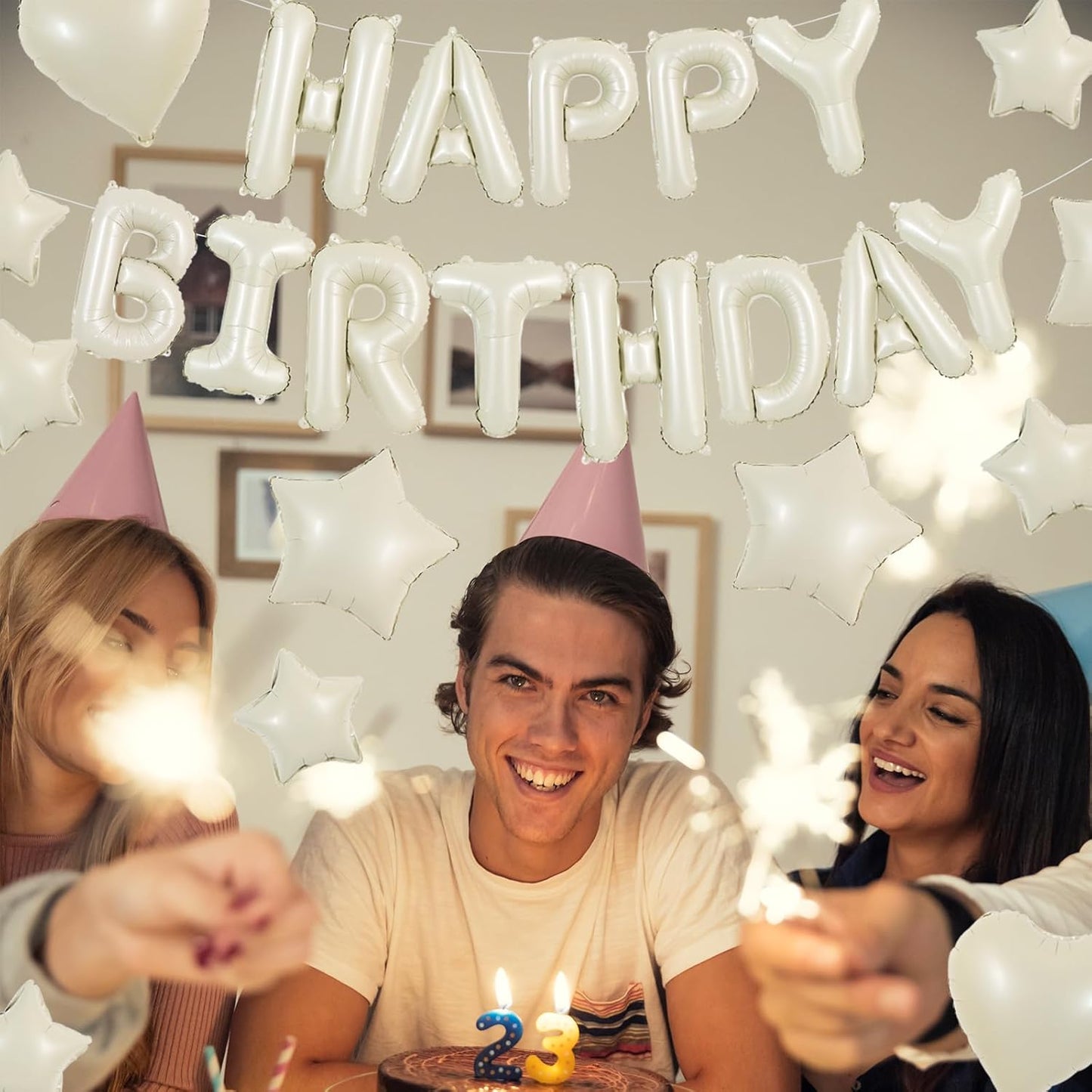 TONIFUL 31PCS Cream White Happy Birthday Decorations 16 Inch Happy Birthday Balloon Banner with Star Heart Balloons Mylar Foil Birthday Party Decorations Supplies for Men Women Adults Girls Boys Kids