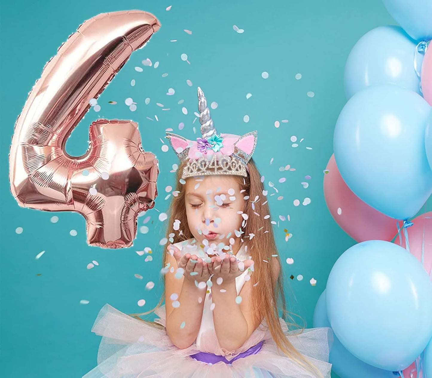 4th Birthday Decorations Girl, Including 4 year old Birthday Cake Topper, Queen Sash with Pearl Pin, Sweet Rhinestone Tiara Crown, Number Candles and Balloons Set, Rose Gold