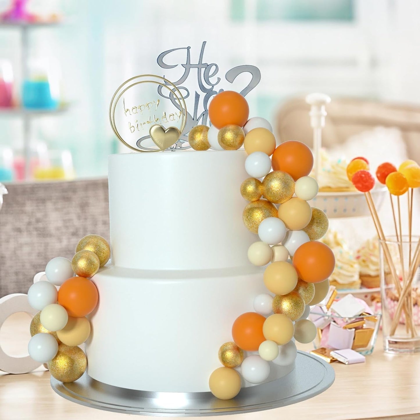 ASTARON 50 Pcs Ball Cake Topper Sticks Mini Balloons for Cake Decorating Supplies Foam Balls Cake decorations for Baby Shower Cake Birthday Cake Toppers Decorations (Orange Yellow Series)