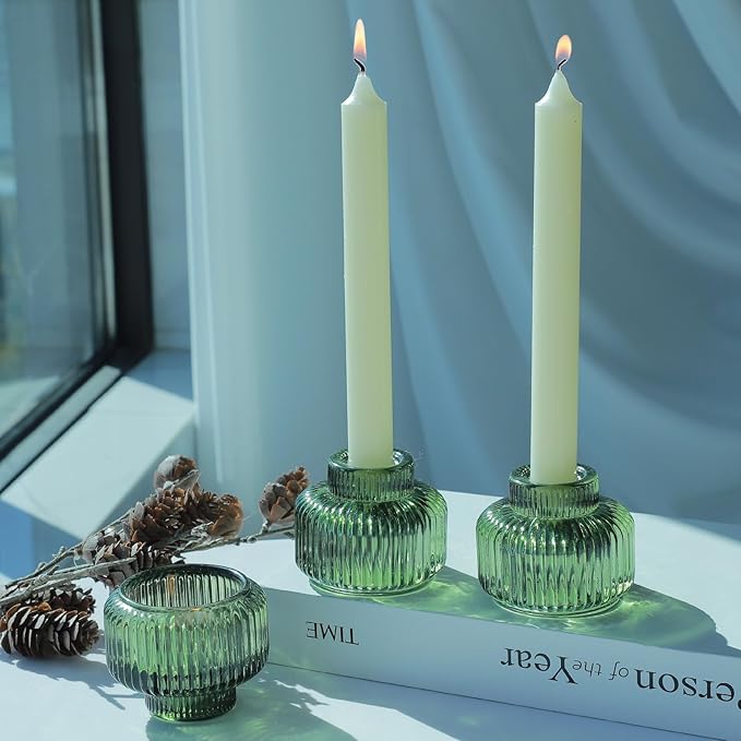 Woho Green Taper Candle Holders Set of 8 for Christmas Party Decor, Reversible Candle Sticks Holder Decor for Wedding Table Centerpiece, Vintage Ribbed Glass Candlestick Holders for Home Decor