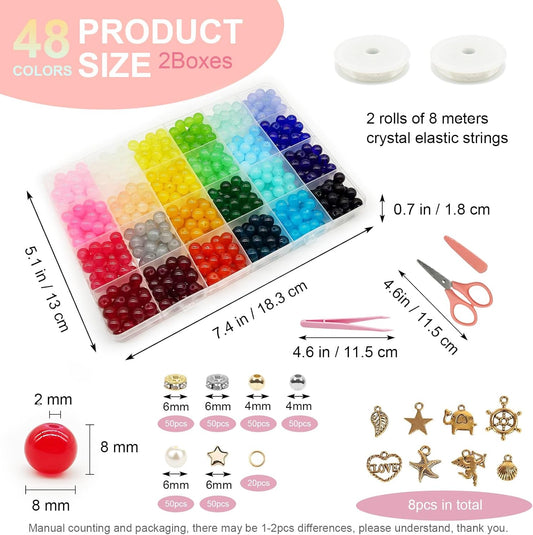 Dayify 1500 Pcs 8mm Glass Beads Bracelet Making Kit, 48 Colors Crystal Beads for Jewelry Making, Round Glass Beads with Charms for Bracelets and DIY Crafts (24 Solid Colors and 24 Mermaid Colors)