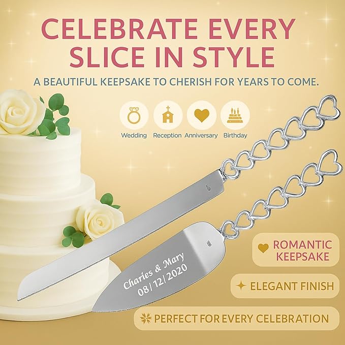 GIFTS INFINITY Personalized Wedding Cake Knife and Server Set with Engraving – Cake Cutting Utensil Set, Keepsake Gift for Wedding, Anniversary, Reception, Birthday & Other Occasions (HT-101)