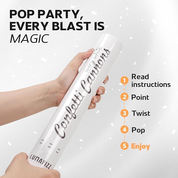 [6 Pack] 12 Inch Biodegradable White Confetti Poppers | Confetti Cannons for Wedding Celebration, Birthday PartyChristmas Eve and New Year Celebration