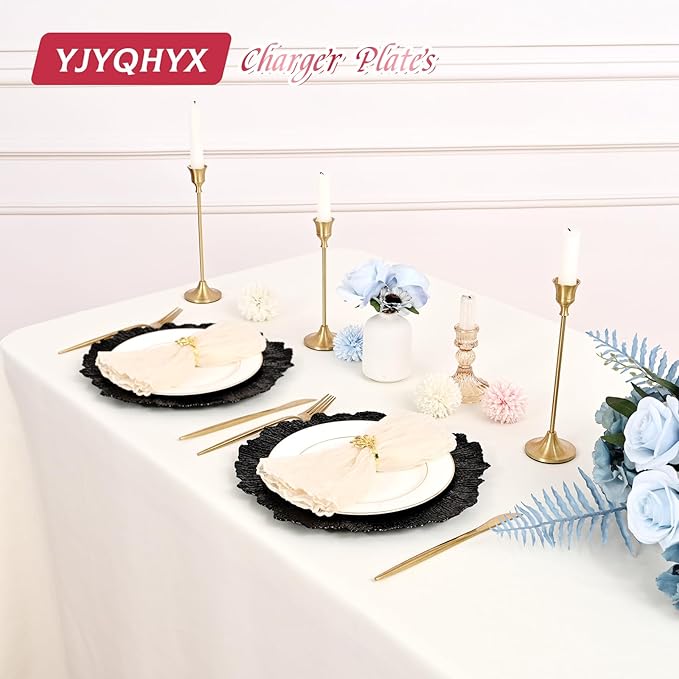 50 Pack Black Charger Plates Bulk, 13" Plastic Reef Chargers for Dinner Plates, Round Charger Plate with Floral Reef Design for Dinner Wedding Party Table Setting Decoration