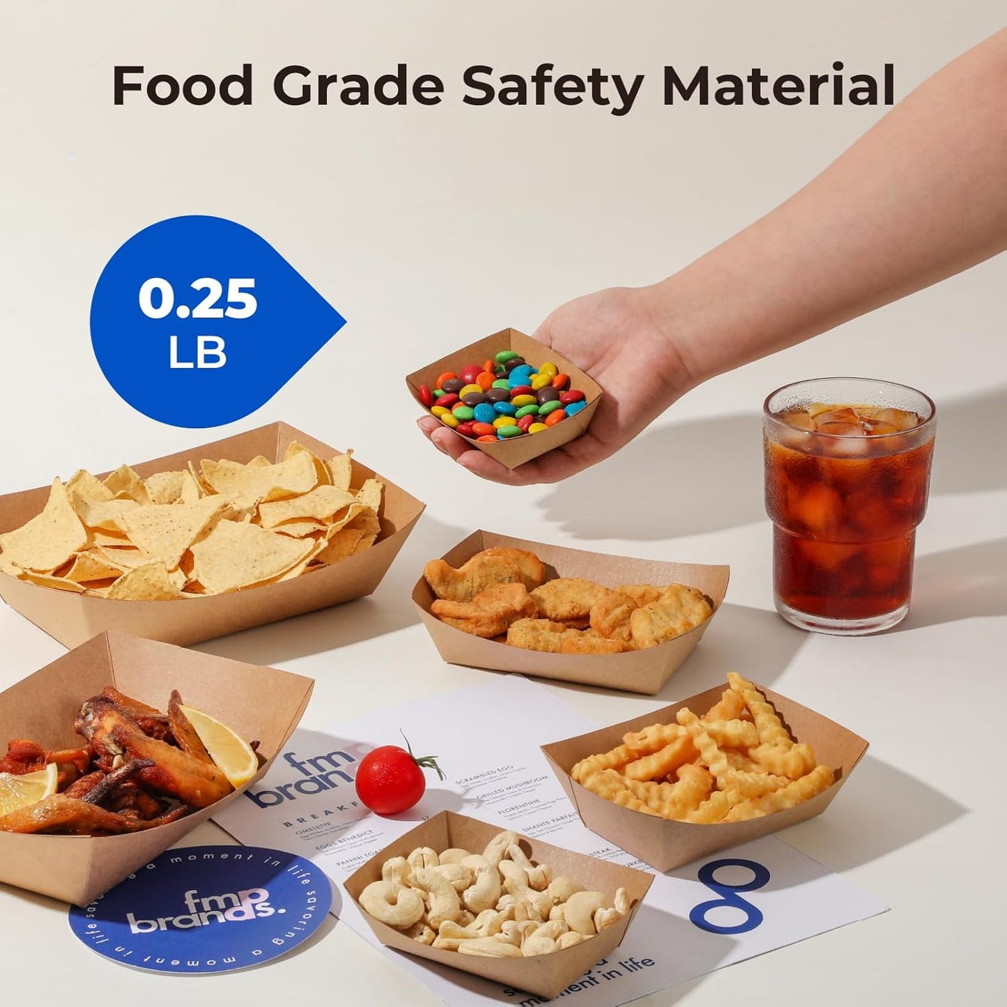 Fit Meal Prep [250 Pack 0.25 lb Paper Food Boats Heavy Duty Disposable Food Trays, Kraft Brown Nacho Tray for Parties Fairs Picnics Carnivals, Holds Sause Candies Nut Grease Resistant