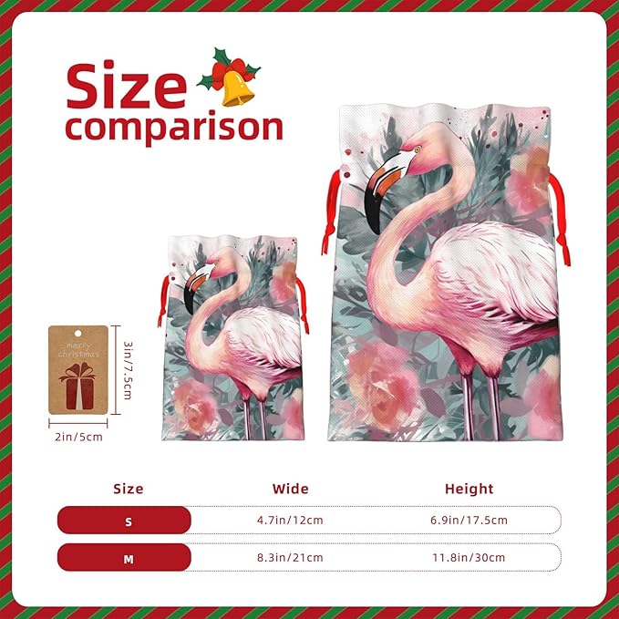 QSMJKLD Drawstring Christmas Gift Bags Vintage Boho Flamingo Florals Gift Bag Burlap Xmas Candy Pouch Reusable Christmas Wrapping Bag Xmas Party Favor Bags for Holiday Wrapping Presents Small