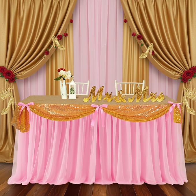 5 Pcs Fairytale Themed Party Table Cover Pink and Gold Sequin Tulle Table Skirt 30 x 108 Inch Century Slumber Fantasy Cloth for Birthday Party Decor Supplies