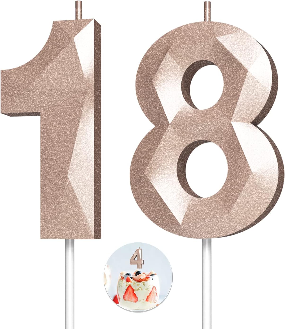 Number Birthday Candles(18 Candle Rose Gold) 3D Diamond Shape Number Happy Birthday Cake Candles for Birthday Party Wedding Decoration Reunions Theme Party