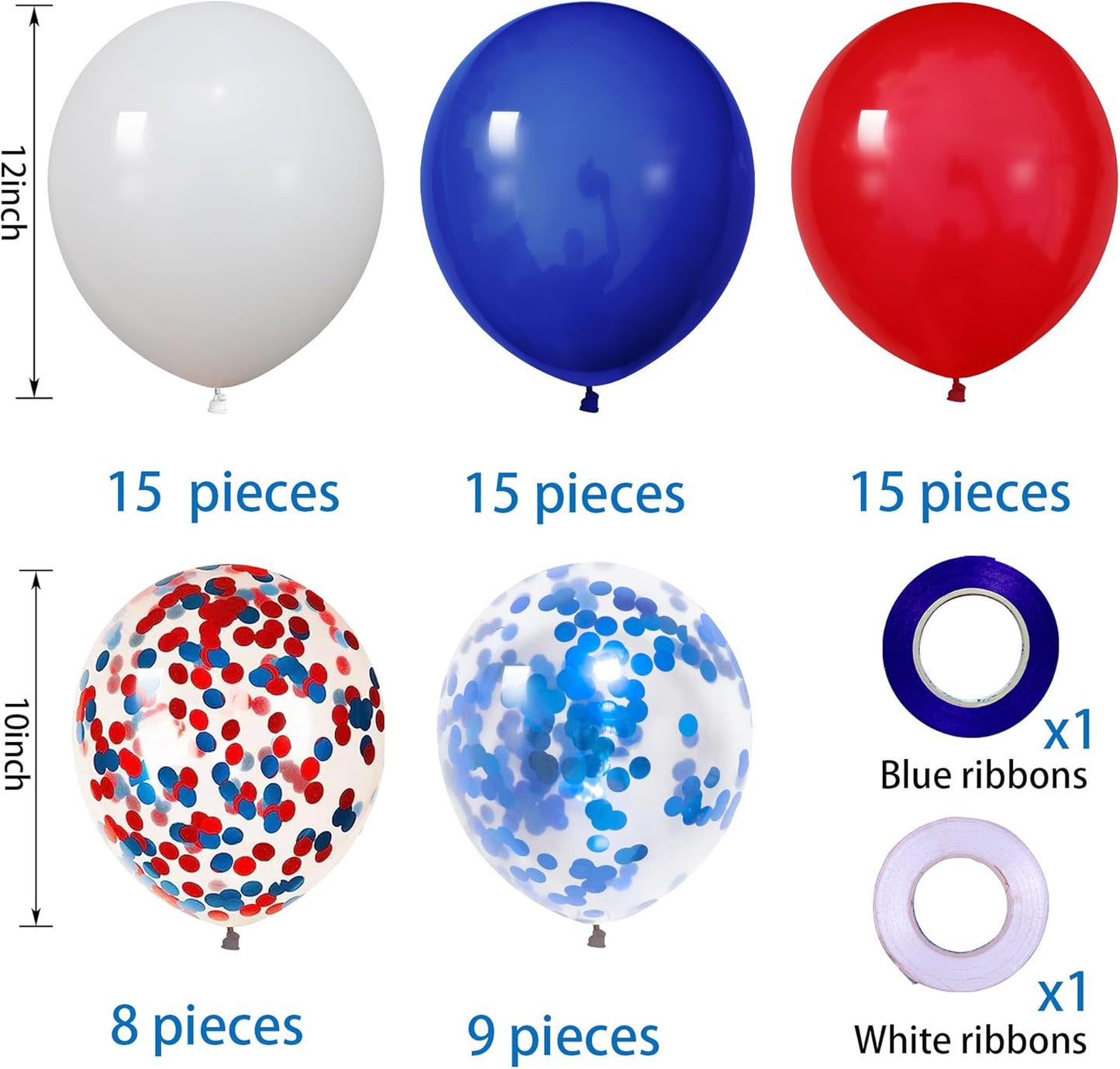 62Pcs 12Inch Bule Red White Balloons Arch Kit, White and Navy Blue Red Confetti Party Balloons with Ribbons for Birthday, Wedding, Baby Shower, Graduation Decorations