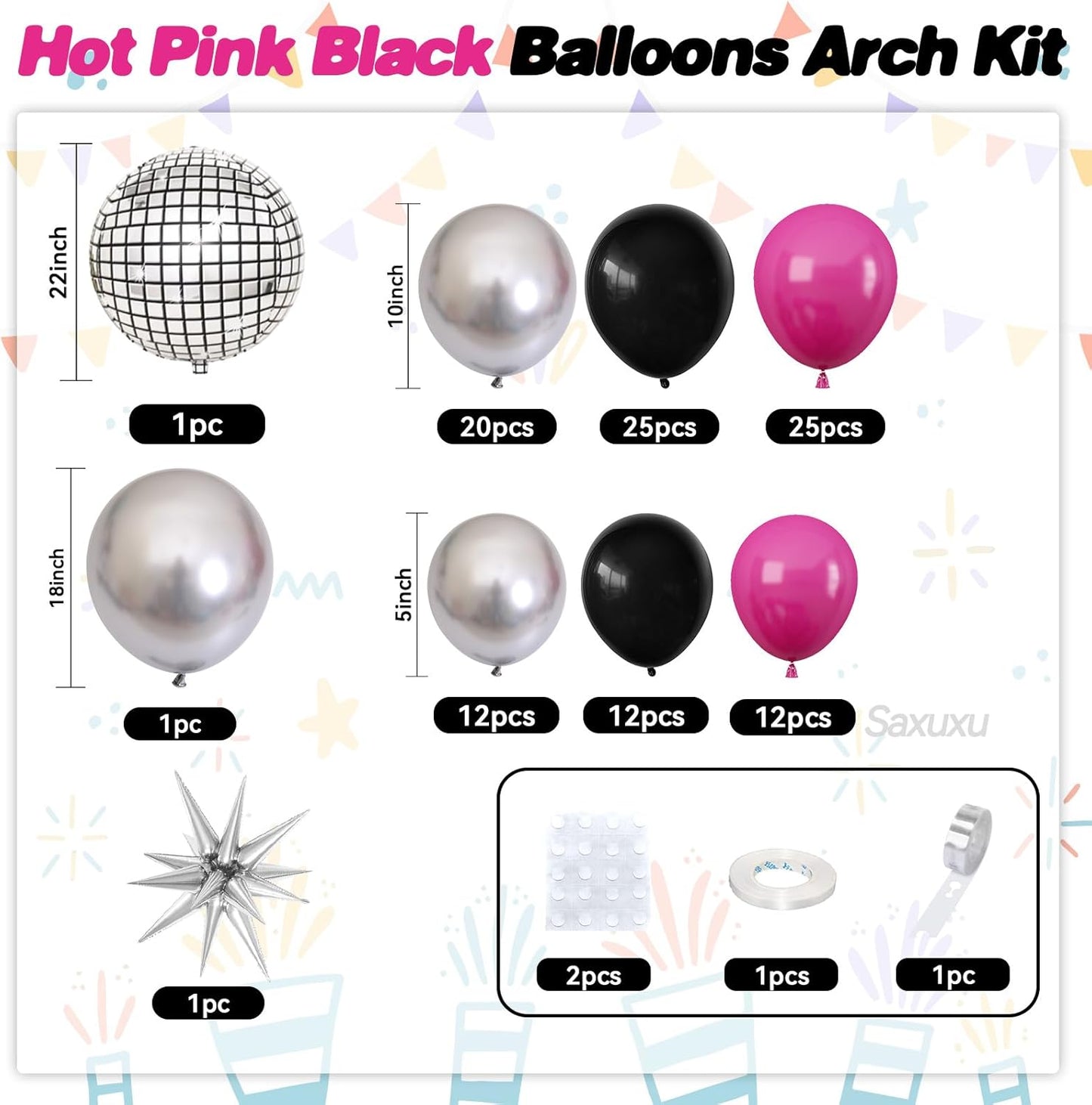 Disco Balloon Arch Kit, Hot Pink Black Balloons Garland Arch Kit, Star Foil and Disco Foil Balloons, Hot Pink Silver Black Balloon For Birthday 8090 Theme Party Wedding Bridal Shower Anniversary