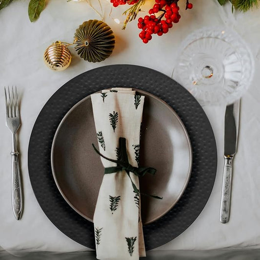 13" Hammered Charger Plates, Black Elegant Dinner Plate Chargers Set of 6, Round Server Ware for Wedding Party Decoration
