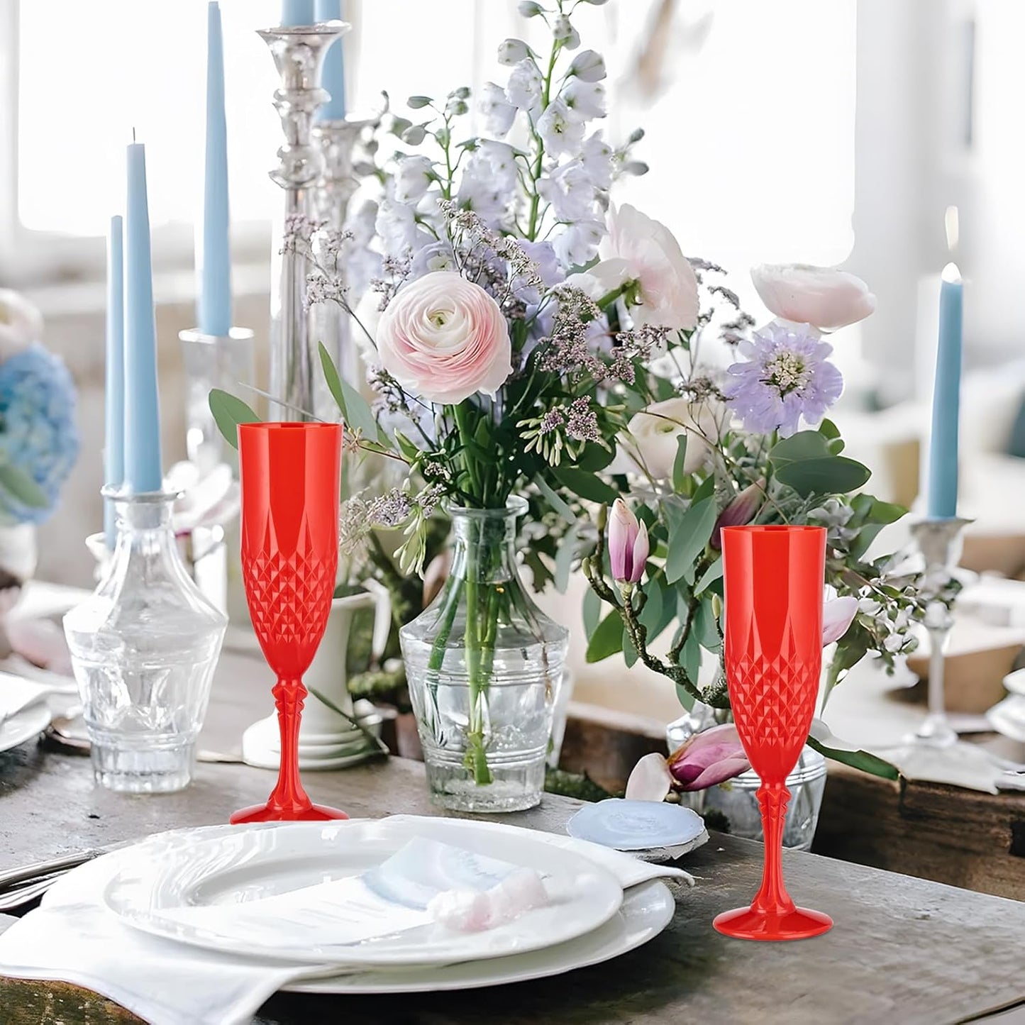 7.1OZ Plastic Champagne Flutes,24PCS Red Acrylic Wine Glasses Goblets Shatterproof Mimosa Bar Reusable Vintage Champagne Flutes Stemmed Drinking Cups for Weddings Bachelor Parties, Toasting,Christmas