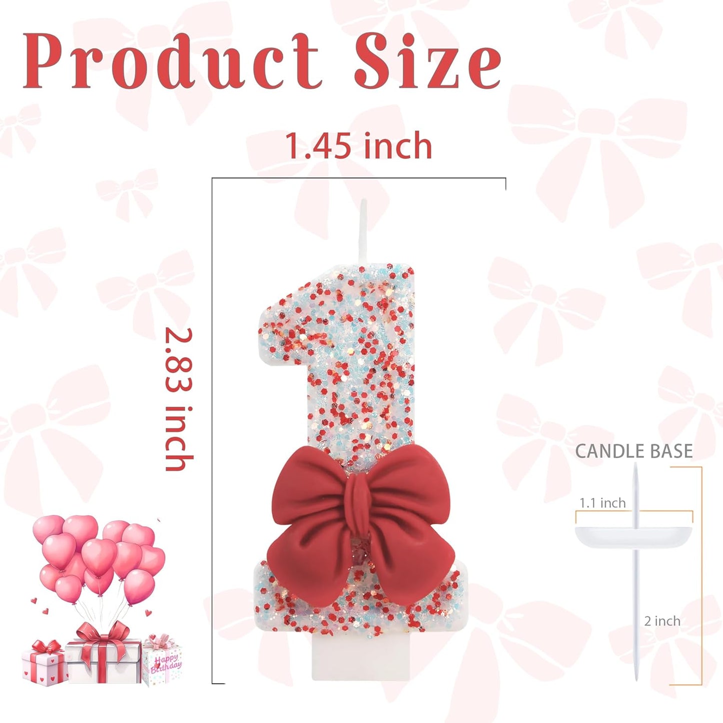 Birthday Candle for Cake, Red Bow Number Candles, 2.76 inch Cake Topper Decoration for Birthday Party (Number 1)
