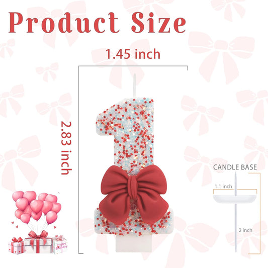 Birthday Candle for Cake, Red Bow Number Candles, 2.76 inch Cake Topper Decoration for Birthday Party (Number 1)