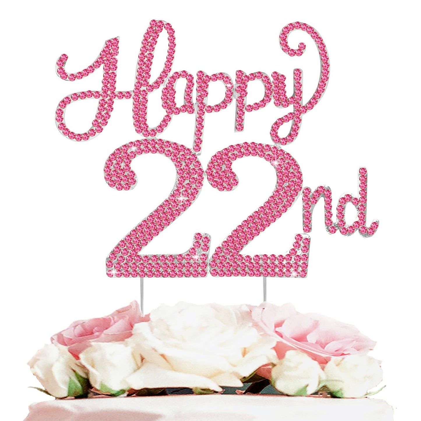 Happy 22nd Birthday Decorations,22nd Birthday Silver & Red Rhinestone Cake Topper - Cheers to 22 Years Old Bday Party Metal Sparkly Cake Centerpieces Sign.