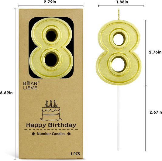 BEAN LIEVE Gold Birthday Candles Number 8, Gold Number Candles, Cake Number Candles for Birthday Parties and Wedding Anniversary Celebrations