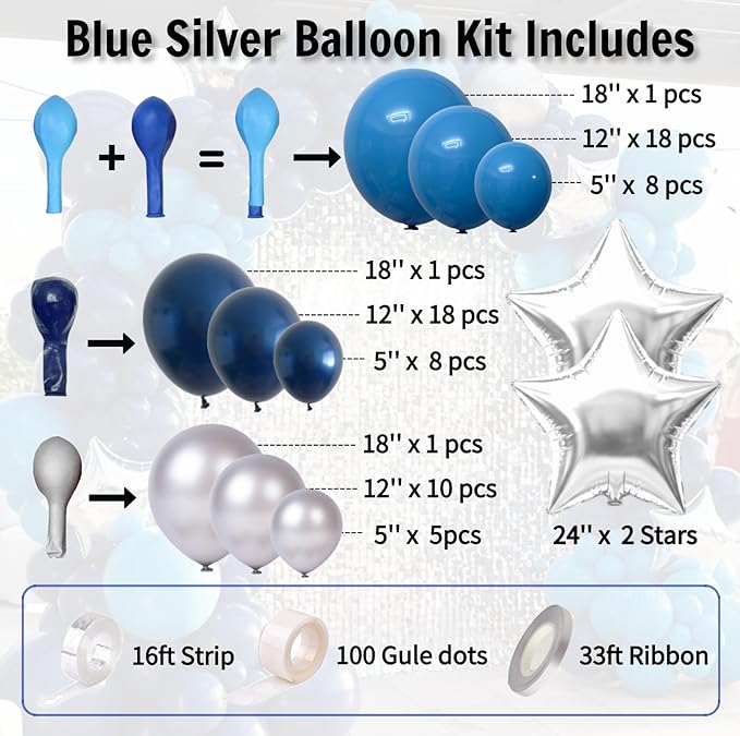 Blue Balloon Arch Kit with 2 Large Silver Star Foil Balloons – Navy & Light Blue Balloon Garland, 5/12/18 inch Blue Balloons for Birthday, Baby Boy Shower, Wedding & Graduation Decorations